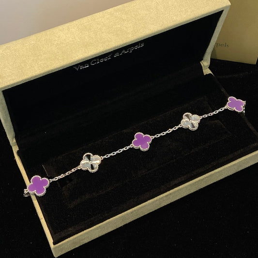 [Elitejewels]CLOVER  5 MOTIFS  PURPLE VIOLET BRACELET SILVER