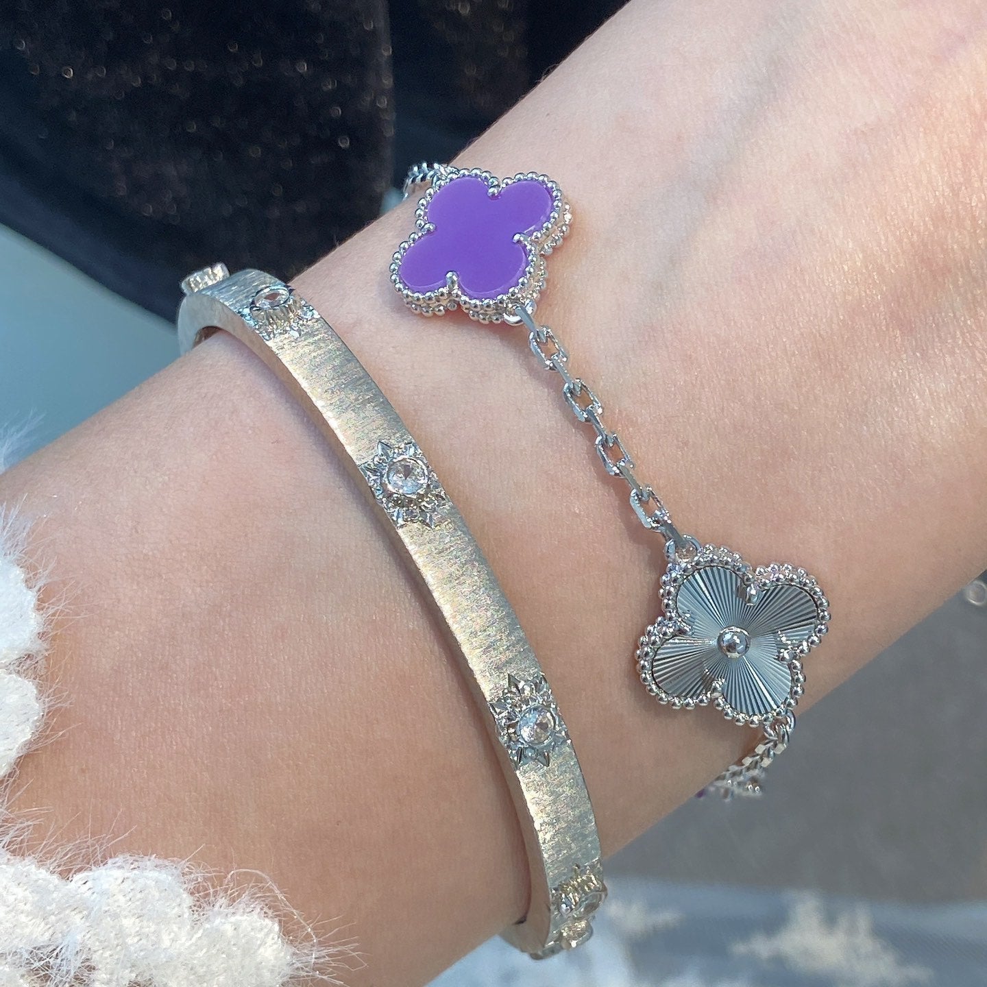 [Elitejewels]CLOVER  5 MOTIFS  PURPLE VIOLET BRACELET SILVER