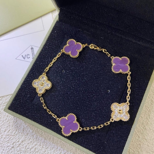 [Elitejewels]CLOVER  5 MOTIFS  PURPLE VIOLET DIAMOND BRACELET