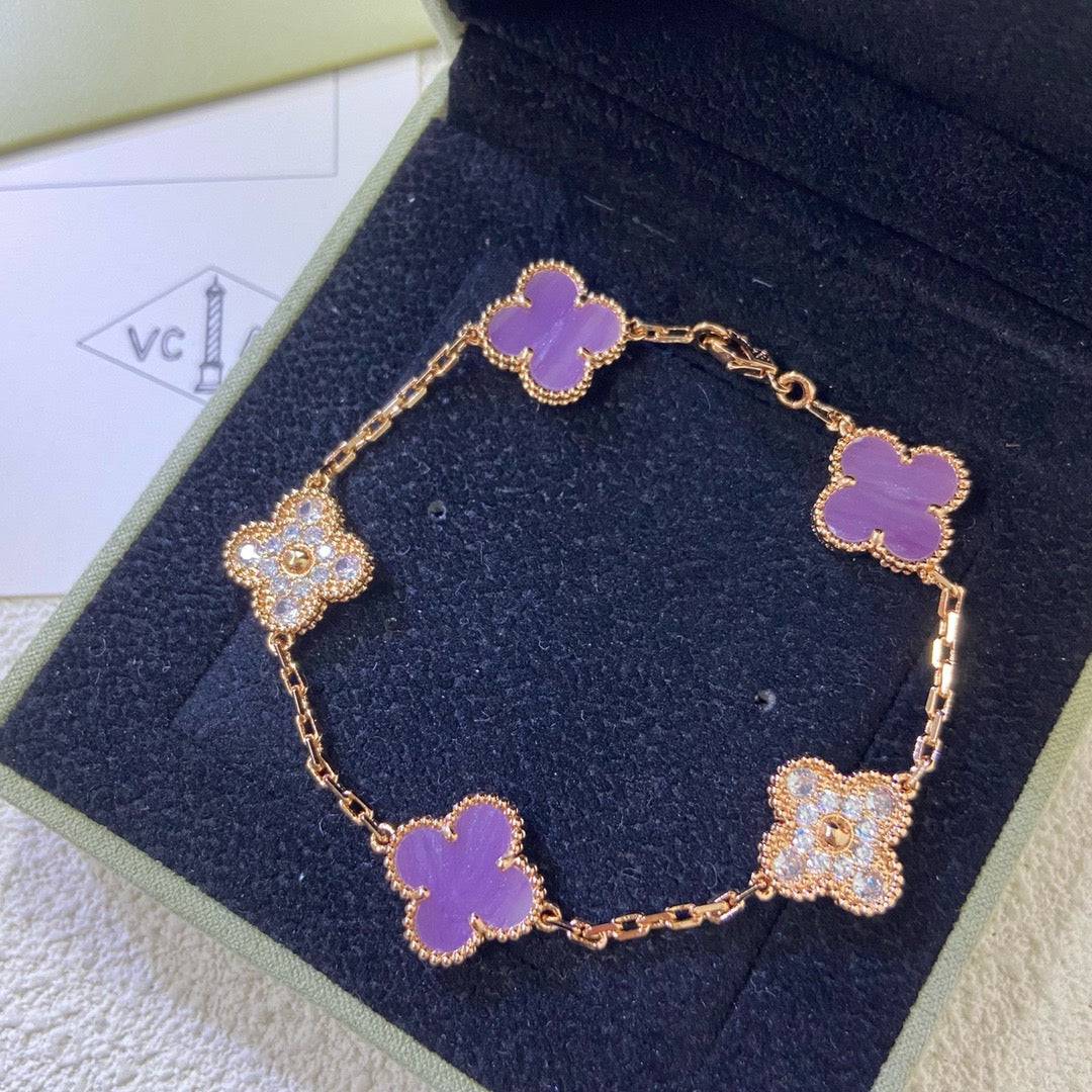 [Elitejewels]CLOVER  5 MOTIFS  PURPLE VIOLET DIAMOND BRACELET